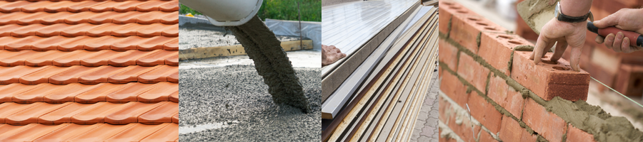 Composite image showing roof tiles, cement pouring, insulation boards, and bricklaying — examples of building materials where precise measurement systems improve quality and efficiency.