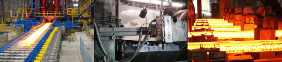 Montage of 3 images of Hot metal extrusion process in steel manufacturing line with laser measurement