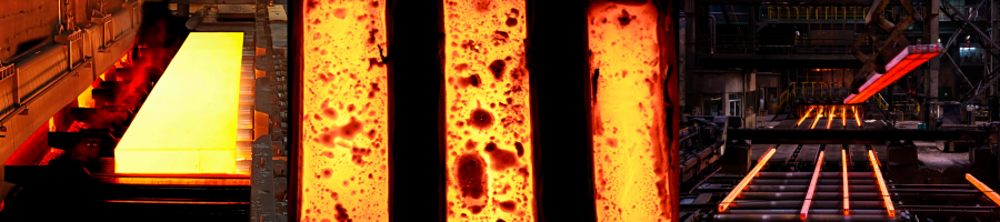Montage of 3 images of hot steel bars in manufacturing plant