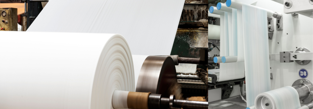 Montage of two images showing paper manufacturing
