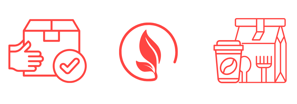 Three red icons representing facts from the article, delivery, sustainability and food delivery