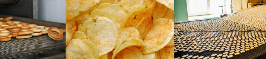 3 different images of food manufacturing; bagels, crisps and crackers